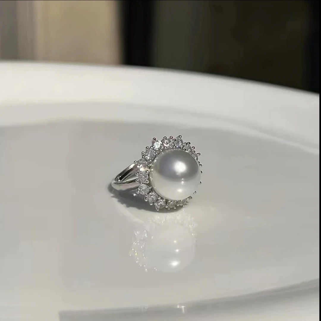 天然淡水珍珠戒指 9-10MM 正圆极微瑕镜面光 S925开口戒 设计款
