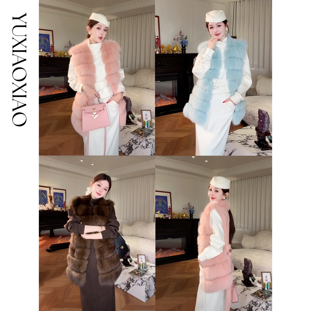 余潇潇【温柔可颂】高级定制色狐狸毛拼绵羊毛V领皮草马甲