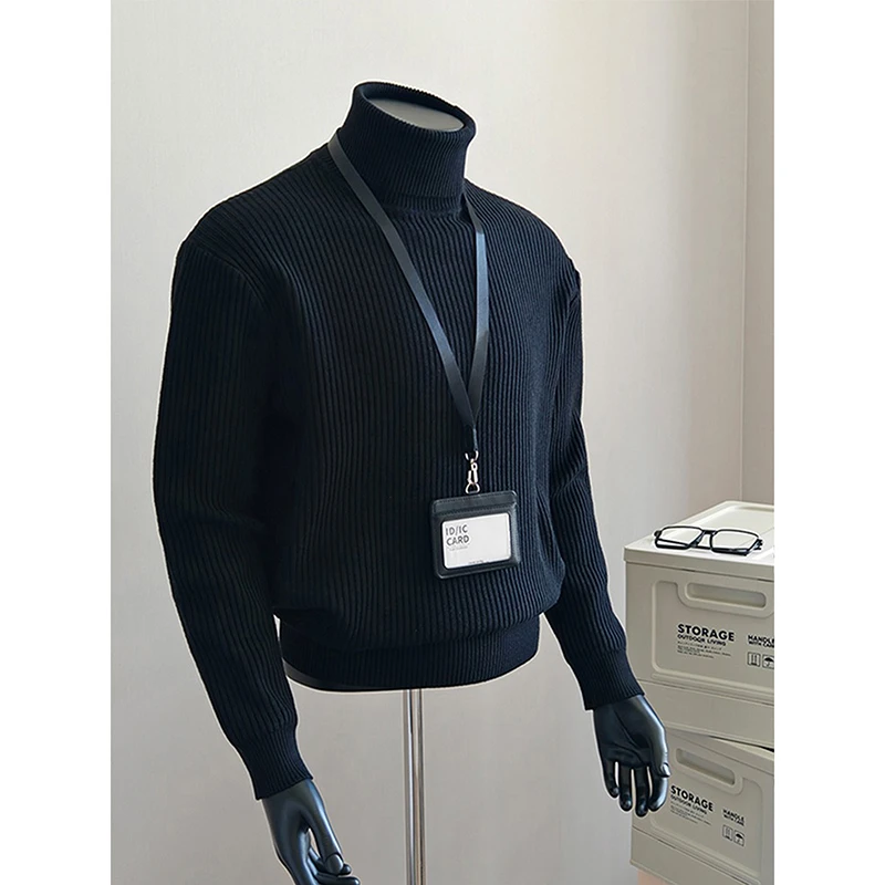 黑色美式高领毛衣男款秋冬内搭保暖坑条纹针织衫高级感长袖打底衫