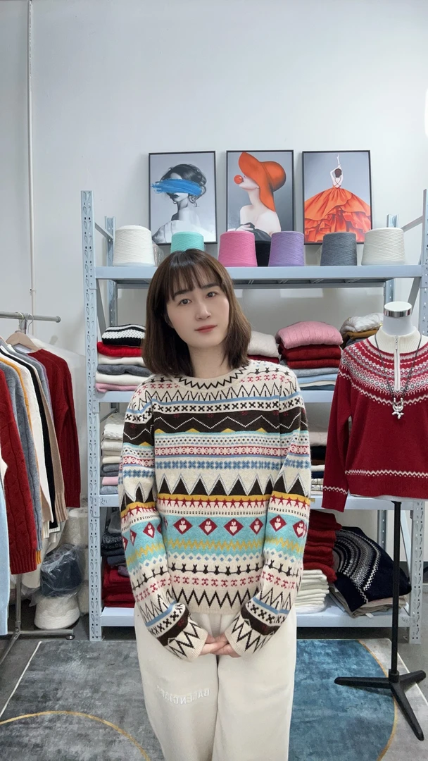 2025复古风费尔岛针织衫女外穿春款时尚百搭拼色毛衣圆领套头气质
