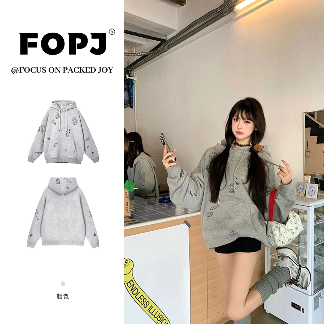 FOPJ慵懒风春秋季长袖连帽衫卫衣女时尚卡通印花加绒加厚套头外套