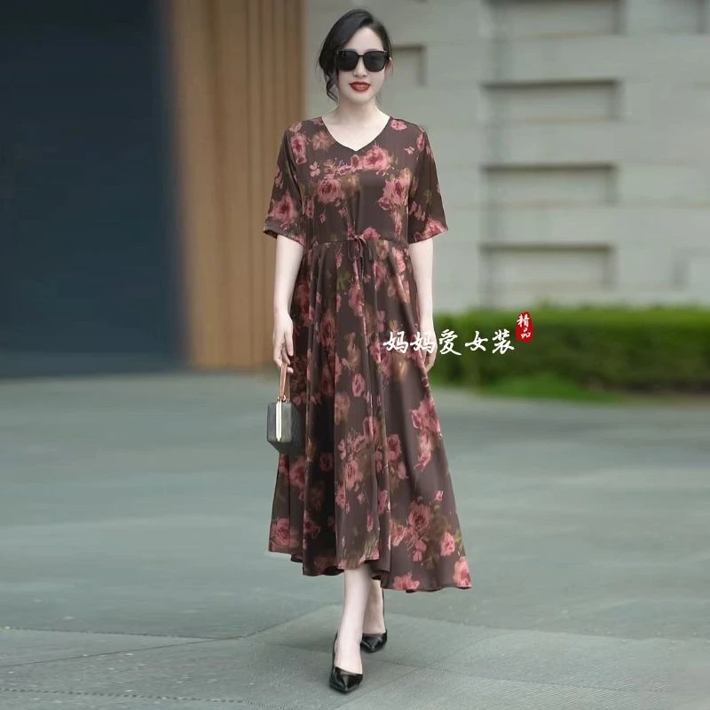 复古大码印花连衣裙2025夏季新款抽绳收腰大摆洋气减龄气质长裙子