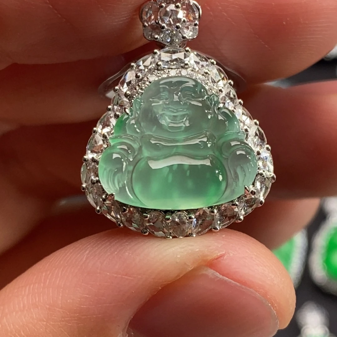 翡翠吊坠(不含链)18K金镶嵌佛公