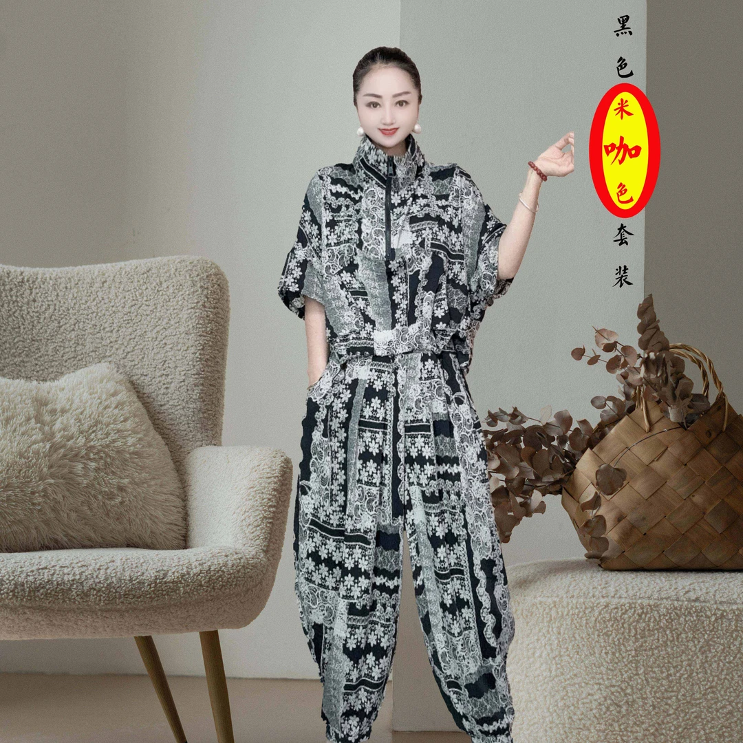 夏季黑色米咖色中老年女装常规款宽松型女常规薄款套装欧美设计师