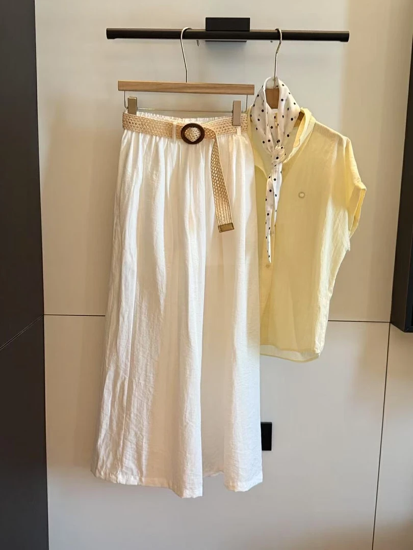 ouran 夏款G1395百搭显瘦松紧腰纯色休闲阔腿裤（配腰带）