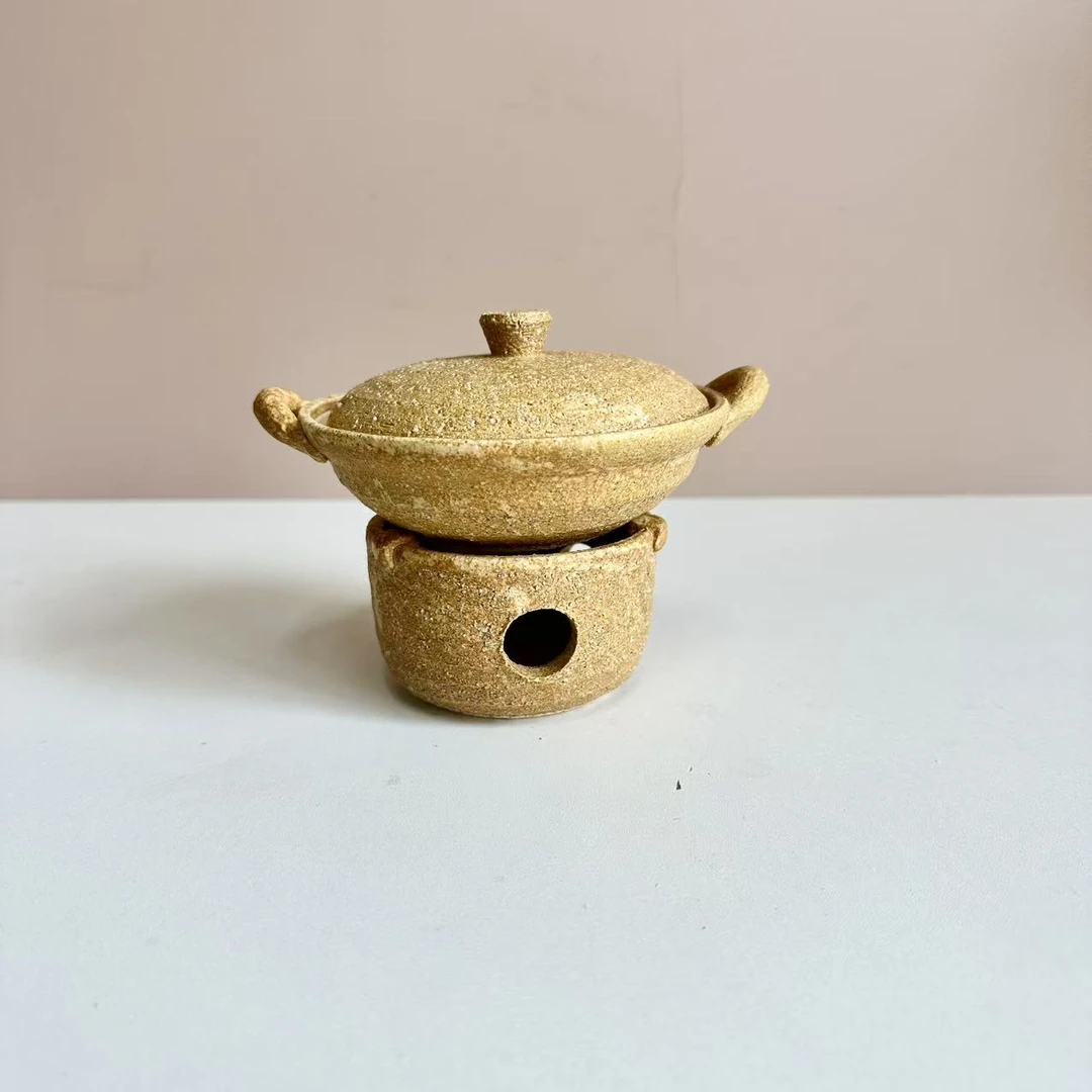 【万古烧迷你小锅带炉子11.5*3.5cm】日本进口万古烧陶土小锅带炉子
