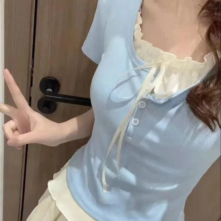 短款短袖女收腰蝴蝶结女式短T恤高腰夏季辣妹【C区套装】7271 套装