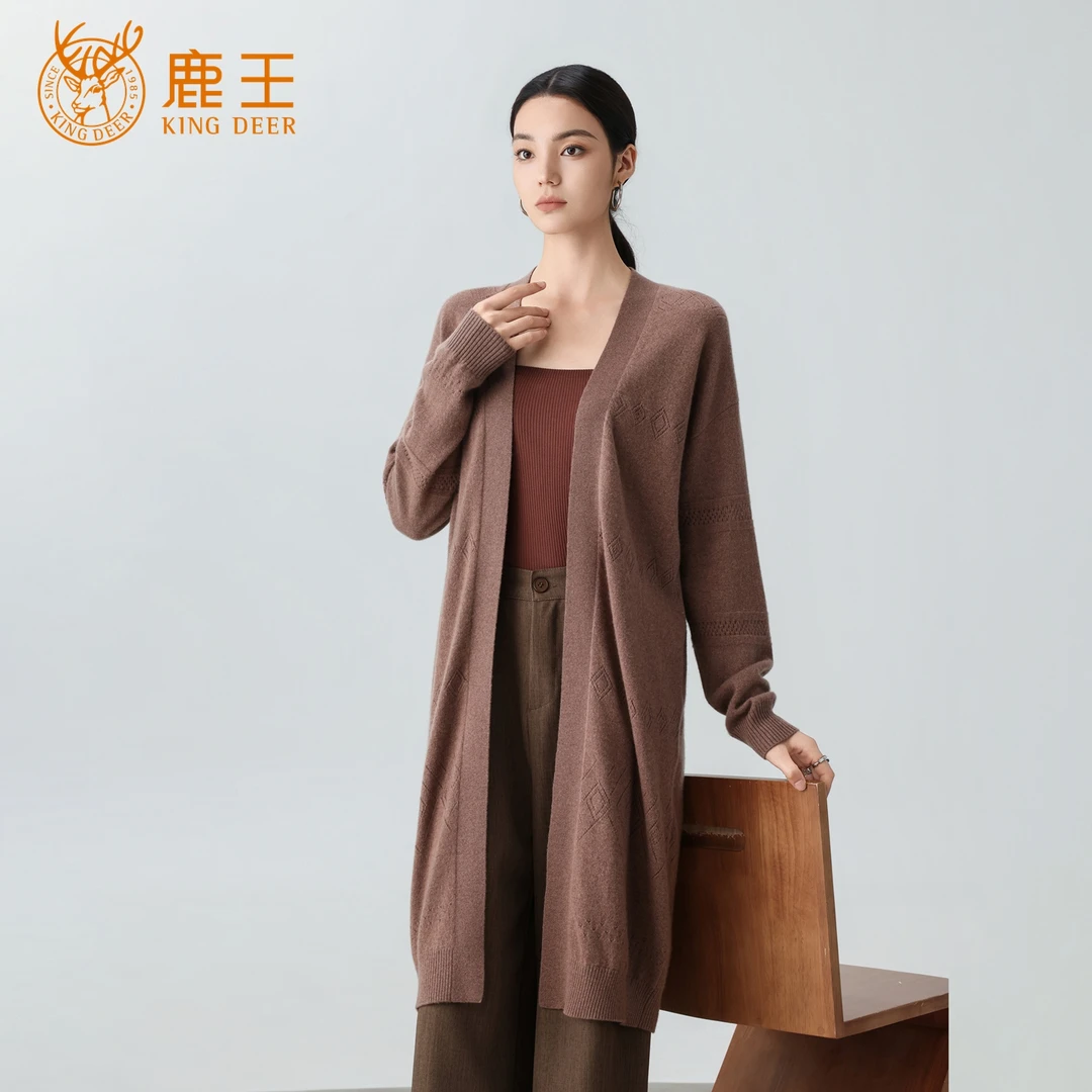 【专柜新品】鹿王女V领100山羊绒中长款开衫休闲外套 912512331