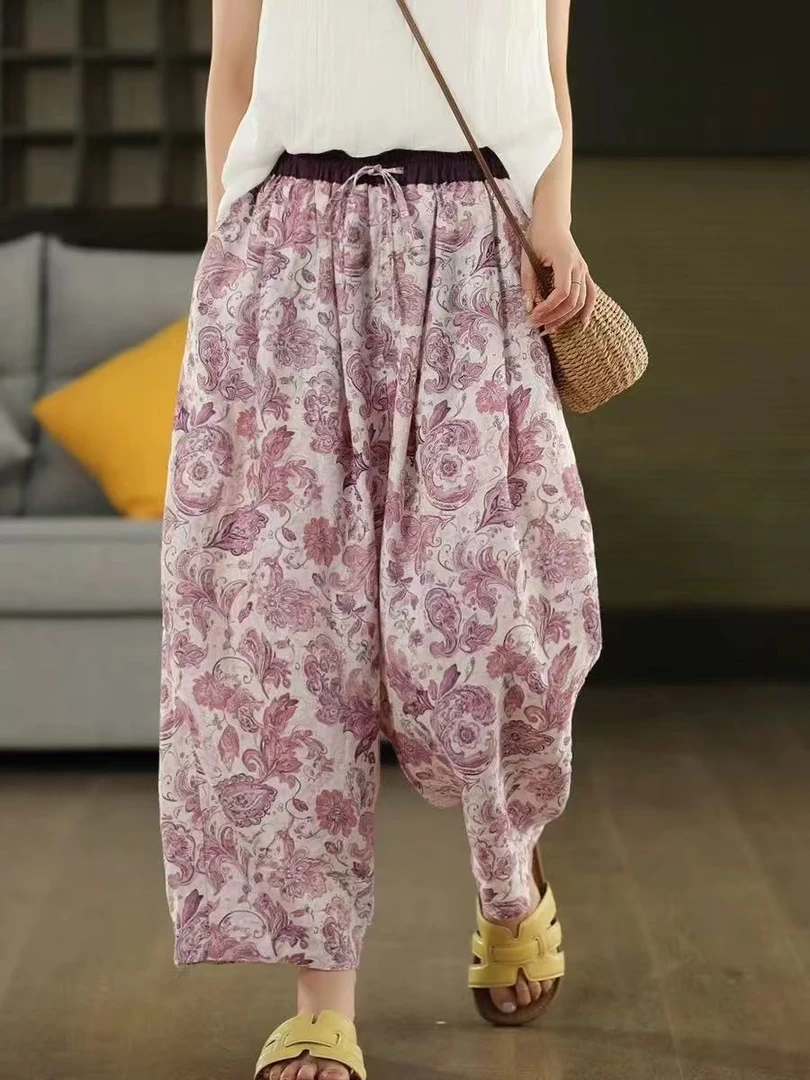 ZM51188 夏季印染薄款宽松亚麻松紧腰休闲裤