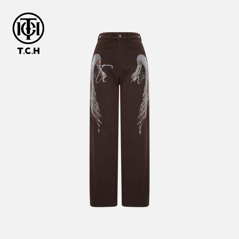 TCH【垂坠感】冬款新款加绒加厚时尚烫钻咖色牛仔裤T75D20E1055