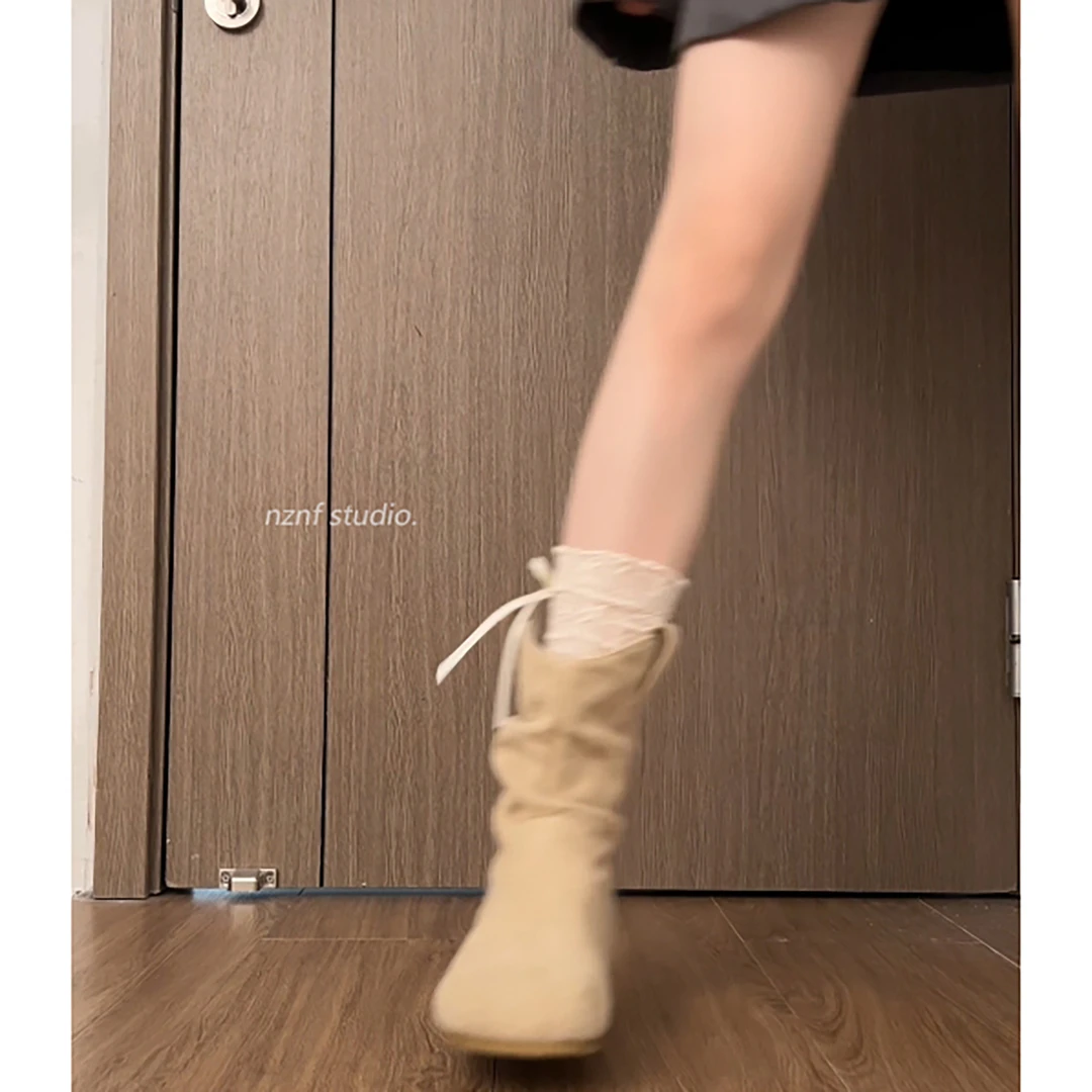 南在南方复古卡其平底内增高短靴女2025新款秋季显瘦西部堆堆靴子