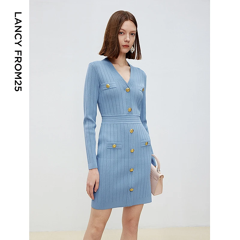 达人朗姿小香风针织连衣裙双色v领收腰包臀裙裙女