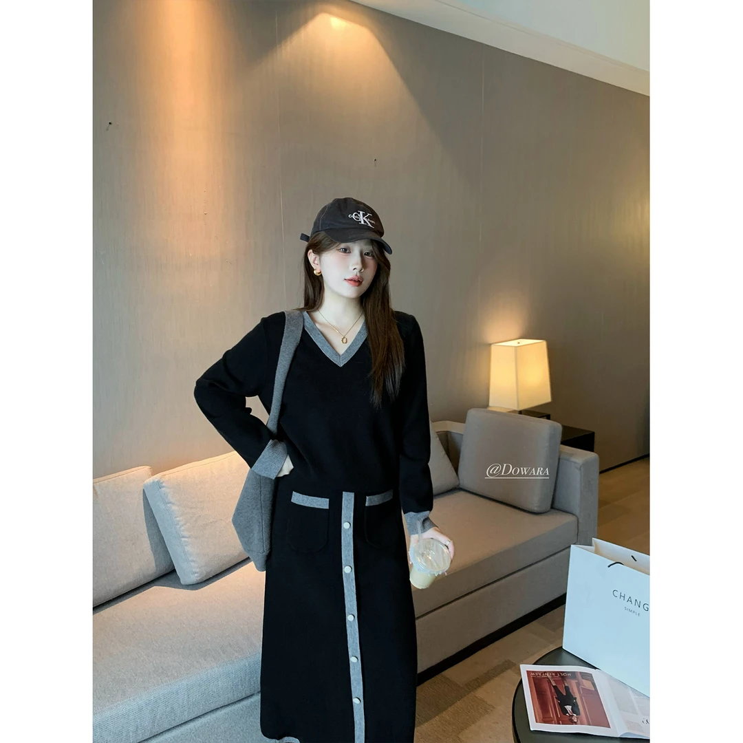 现货大婉酱微胖定制气质小香风毛衣早春休闲半身裙针织套装 6415D