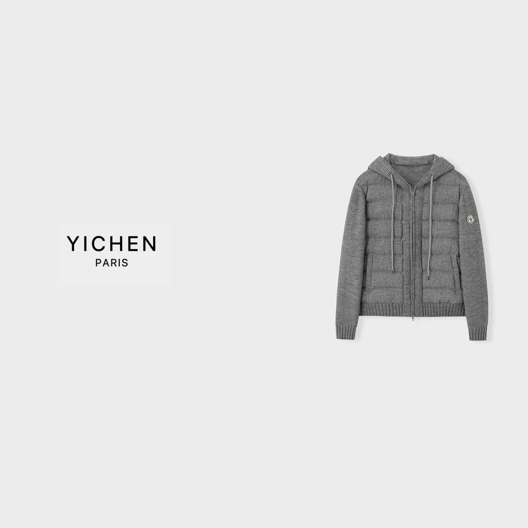 YC 麻灰色针织拼接轻量感连帽徽标羽绒服-4112