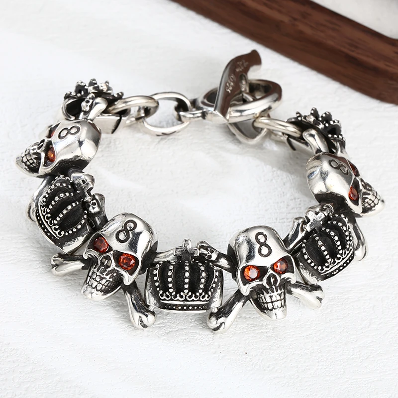 925银手链 时尚小众红眼骷髅皇冠手链 流行百搭男女同款手工手链