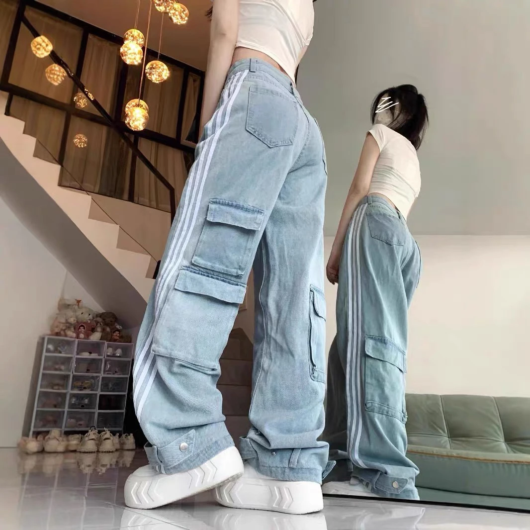 工装牛仔裤女春秋新款高腰直筒宽松多口袋休闲显瘦长裤（线头自剪）
