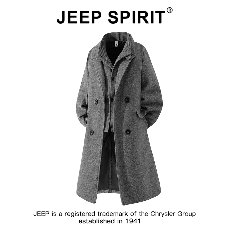 JEEPSPIRIT吉普老钱风毛呢大衣2025冬季新款宽松真两件长款呢子男