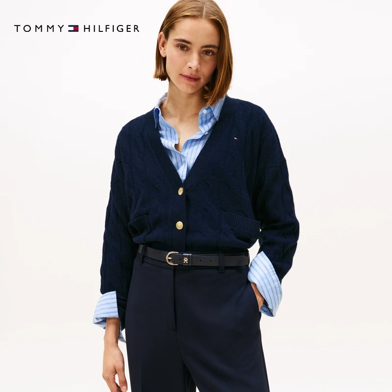 【金智秀同款】Tommy秋冬女绞花宽松V领羊毛衫针织开衫外套43089