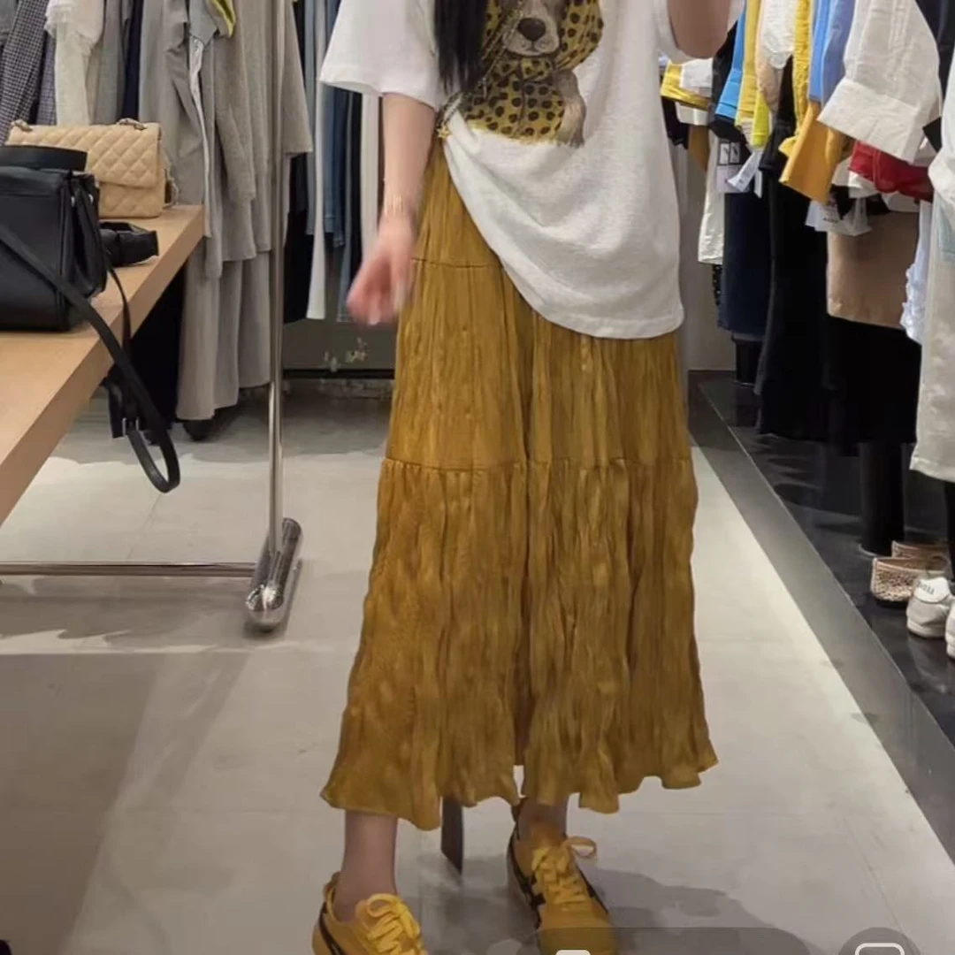 设计感压褶温柔系姜黄色半身裙女夏季2025新款松紧腰显瘦复古长裙