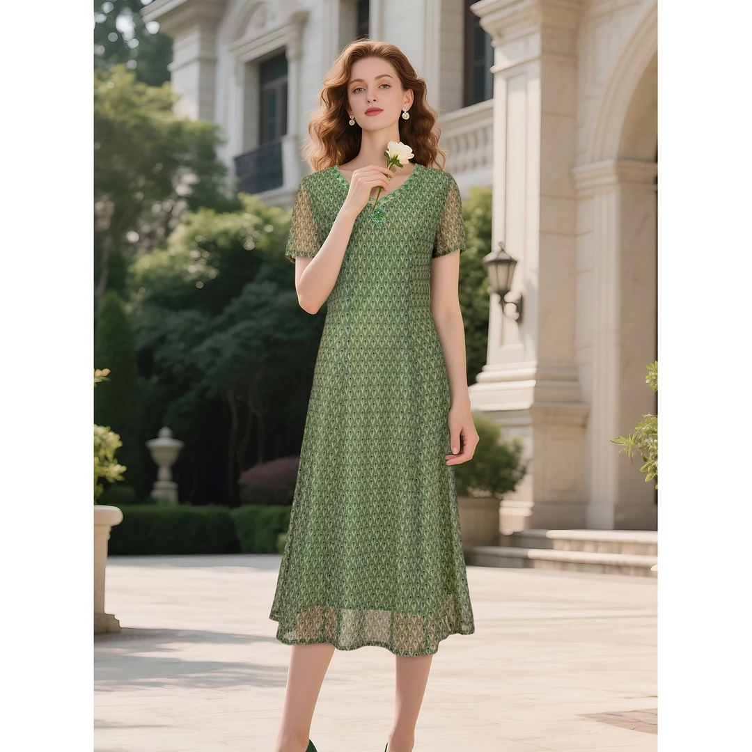 新中式碎花套头短袖夏季A摆连衣裙收腰修身时尚妈妈装-66880