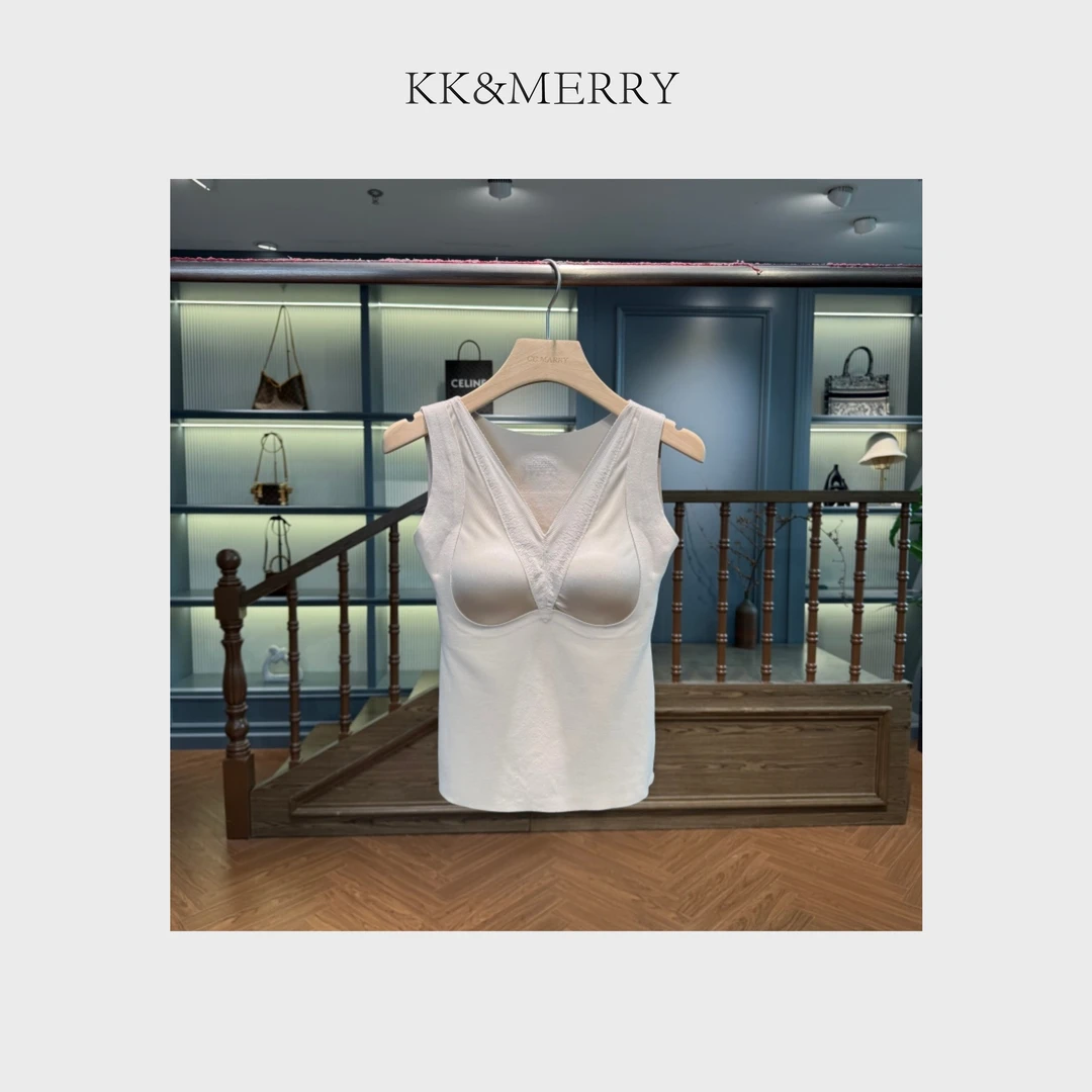 KK&MERRY百搭带胸垫免穿内衣显瘦V领一体式保暖背心KDDD129