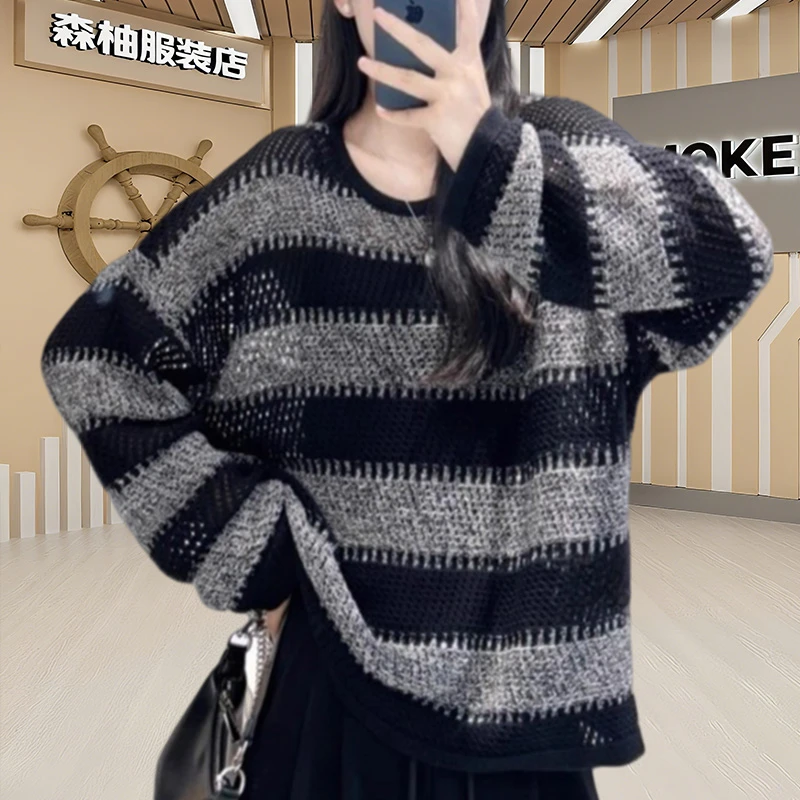 气质高级感撞色休闲显瘦针织衫女2025早秋新款宽松圆领长袖毛衣女