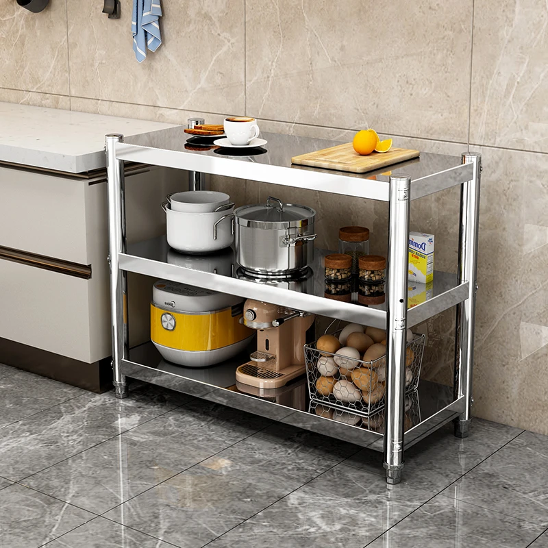 三层80高福利款不锈钢围栏款厨房置物架多层阳台家用微波炉烤箱