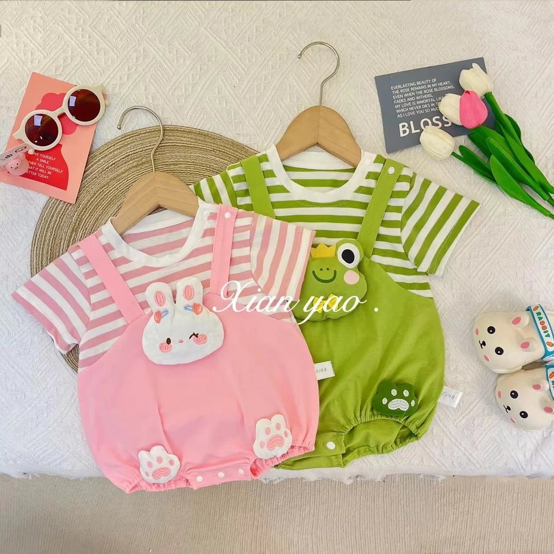 Y【优选】新生儿夏季连体衣卡通立体青蛙小兔可爱短袖薄款夏装sy