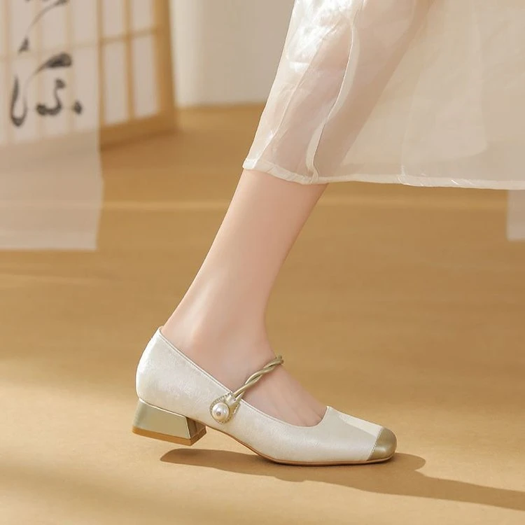 2025夏季新款软皮中式国风浅口玛丽珍鞋复古气质百搭拼色方头单鞋