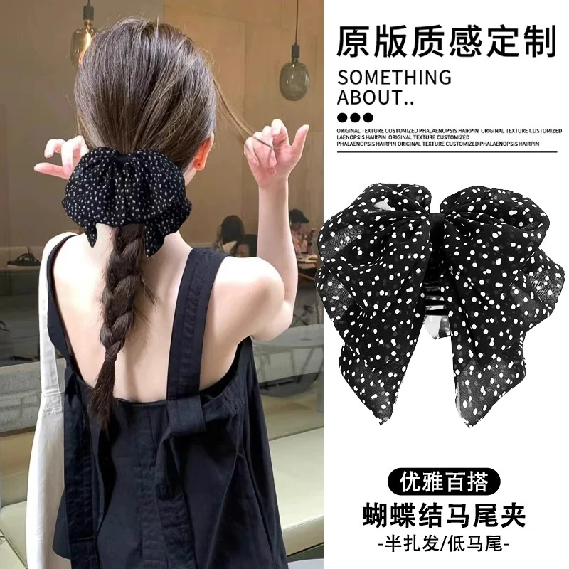法式复古波点黑色蝴蝶结抓夹女2025年新款高级感半扎发夹发卡头饰