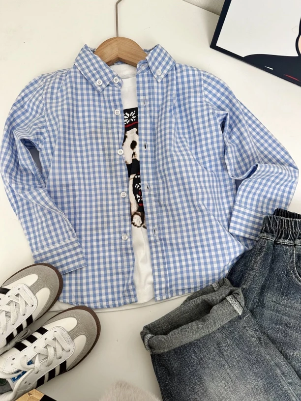 春夏男女儿童干净感蓝白格纹纯棉衬衫