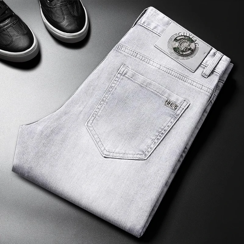 FANCBUDY夏季薄款浅灰色牛仔裤男弹力修身小直筒青年磨白水洗柔软