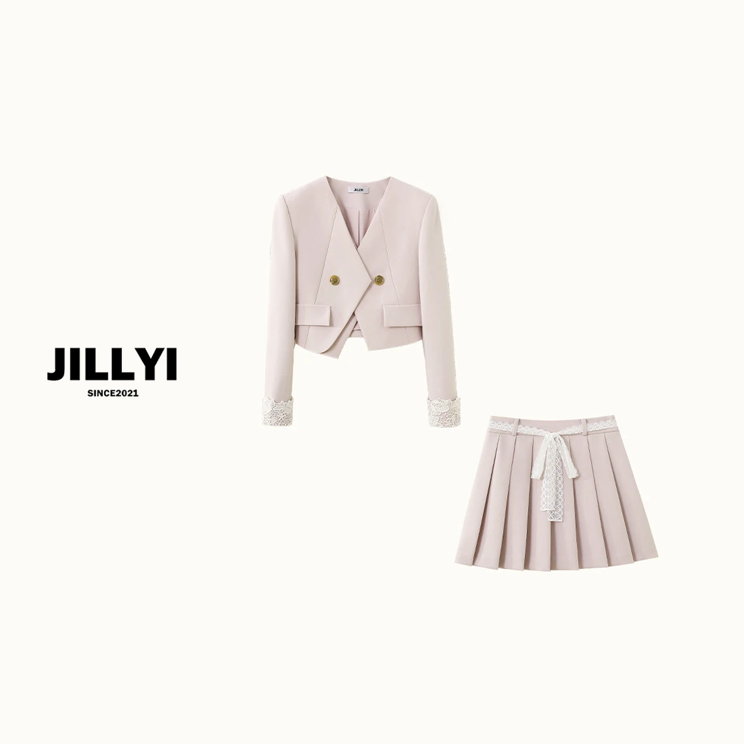 JILLYI南山店【糖霜雪国】浅粉色少女风外套+浅粉色百褶半身裙甜美