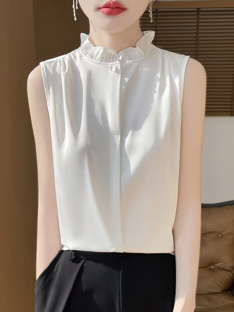 【洋气轻奢】时尚木耳花边无袖T恤缎面百搭外穿打底显瘦内搭背心