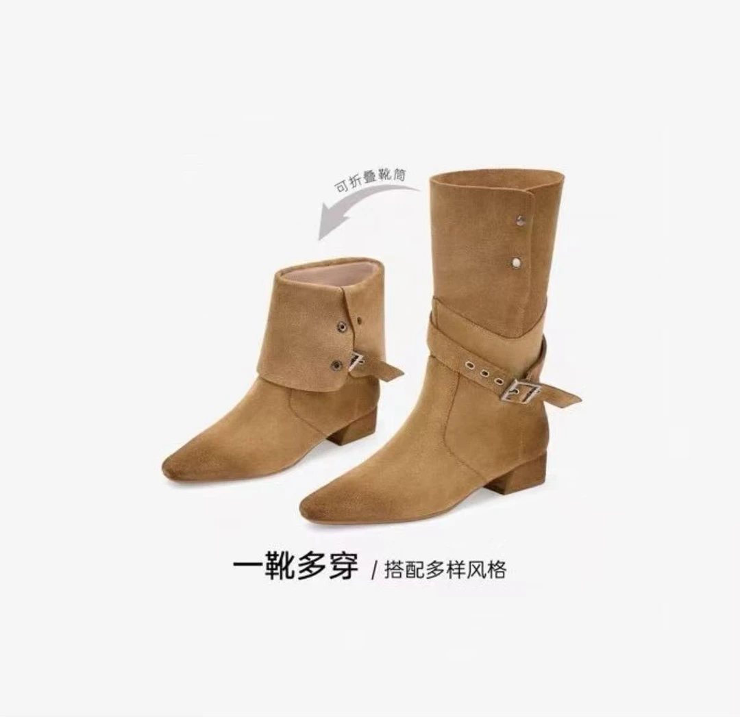 女鞋牛仔假日25冬季新款堆堆靴美拉德西部牛仔靴子女短靴J55