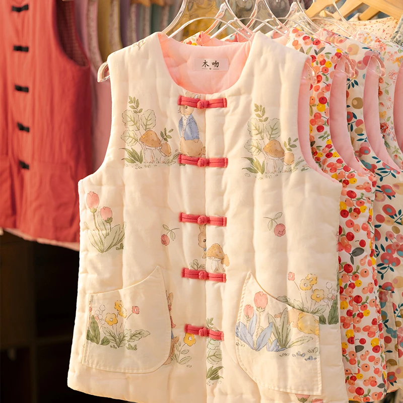 纯棉棉马甲保暖碎花手工冬季加厚中式盘扣女士2024新款