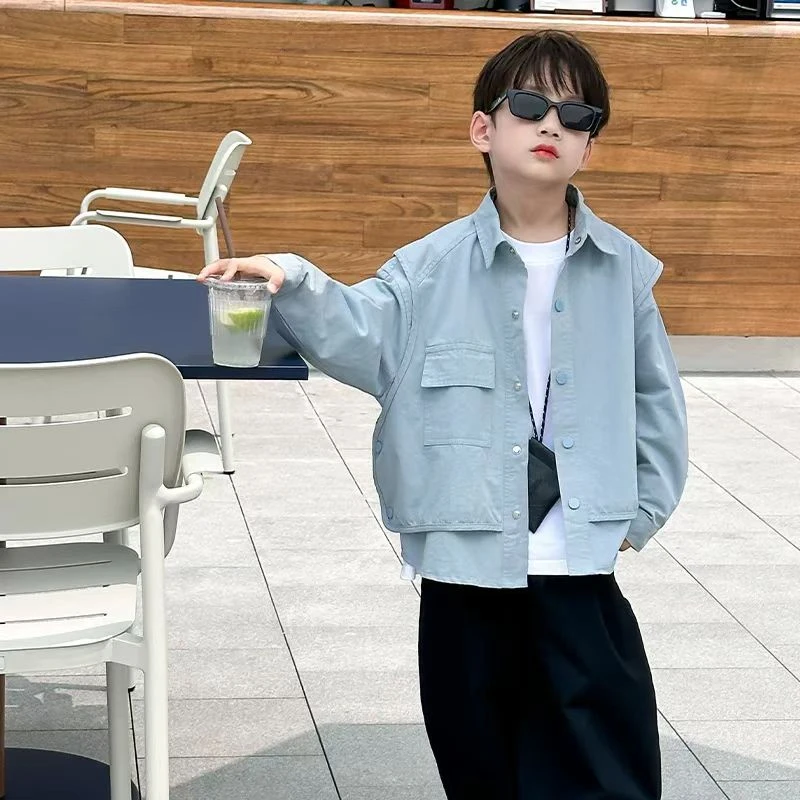 儿童秋装假两件衬衫2025秋季中大童新款洋气外套男女孩时髦上衣