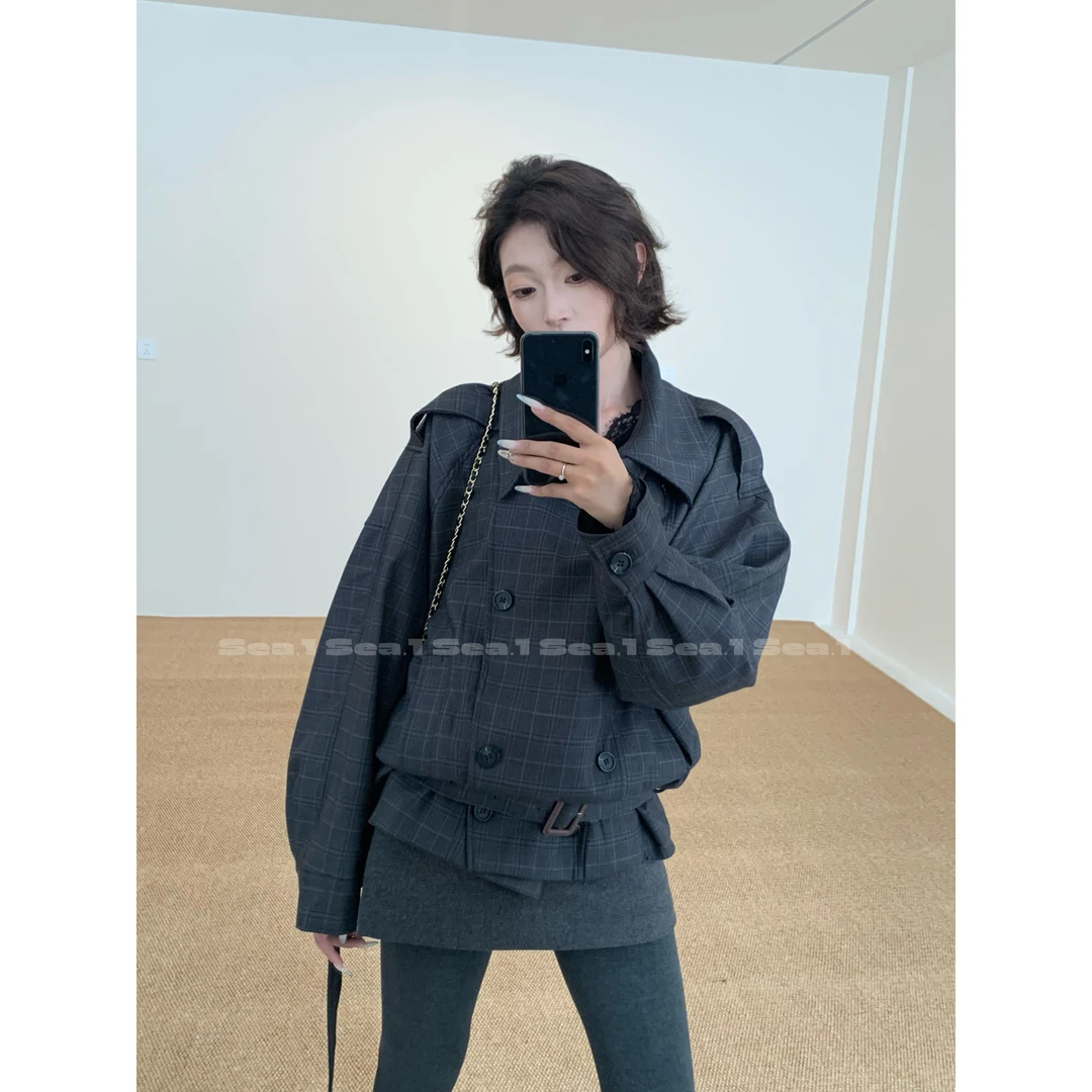 SEA.1 「利兹画报」早秋独特小个子中长款深灰色格纹立领风衣