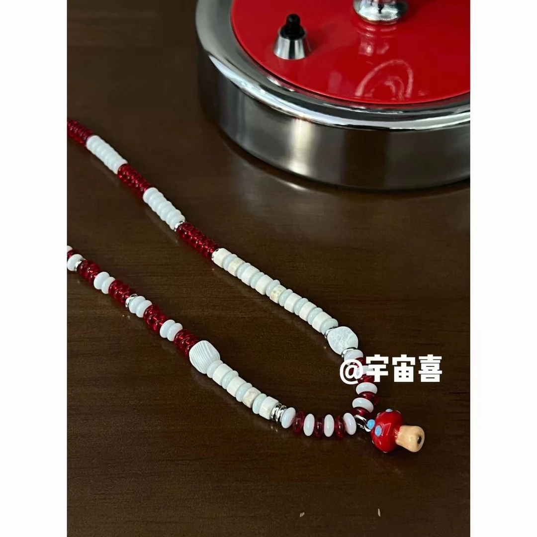 铜合金大理石项链  J2-053【石头串珠红色亚克力撞色琉璃蘑菇项链】