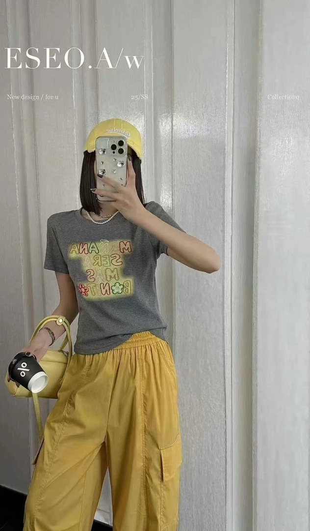 以秀夏天新款字母短袖上衣6397