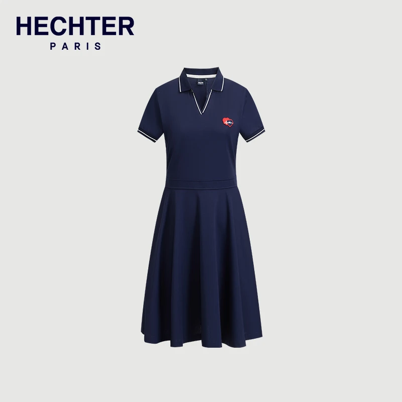 HECHTER春夏宝蓝色时尚撞色休闲显瘦收腰翻领气质连衣裙AD12105