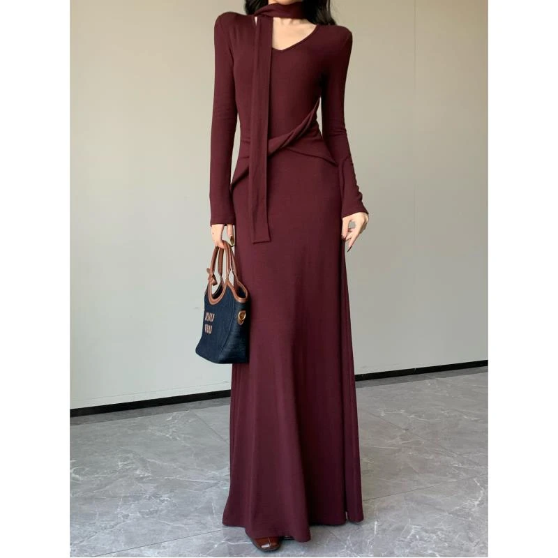 JIJINQI显瘦气质长袖显瘦长裙秋季长款百搭收腰连衣裙JC11LZXL396