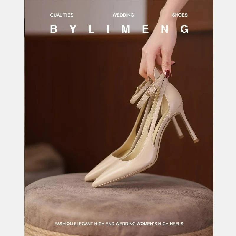 2025春夏新款时尚性感真皮镂空设计感尖头少女浅口高跟鞋凉鞋