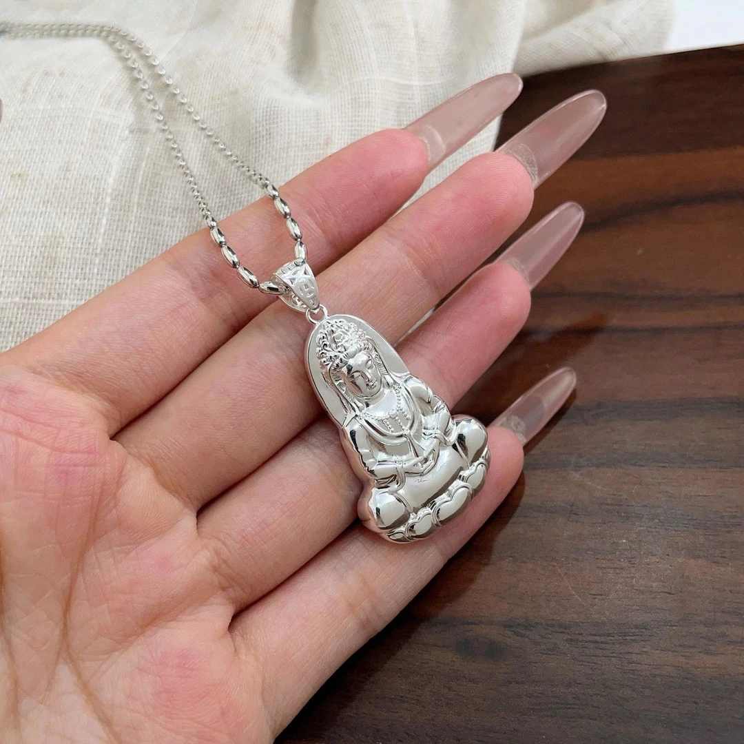 吊坠足银 足银999光面镂空观音吊坠百搭毛衣链锁骨链纯银男女款