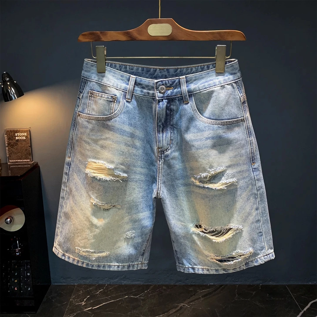 法国Cebrodz2025年夏牛仔短裤男割烂破洞五分裤复古做旧宽松中裤