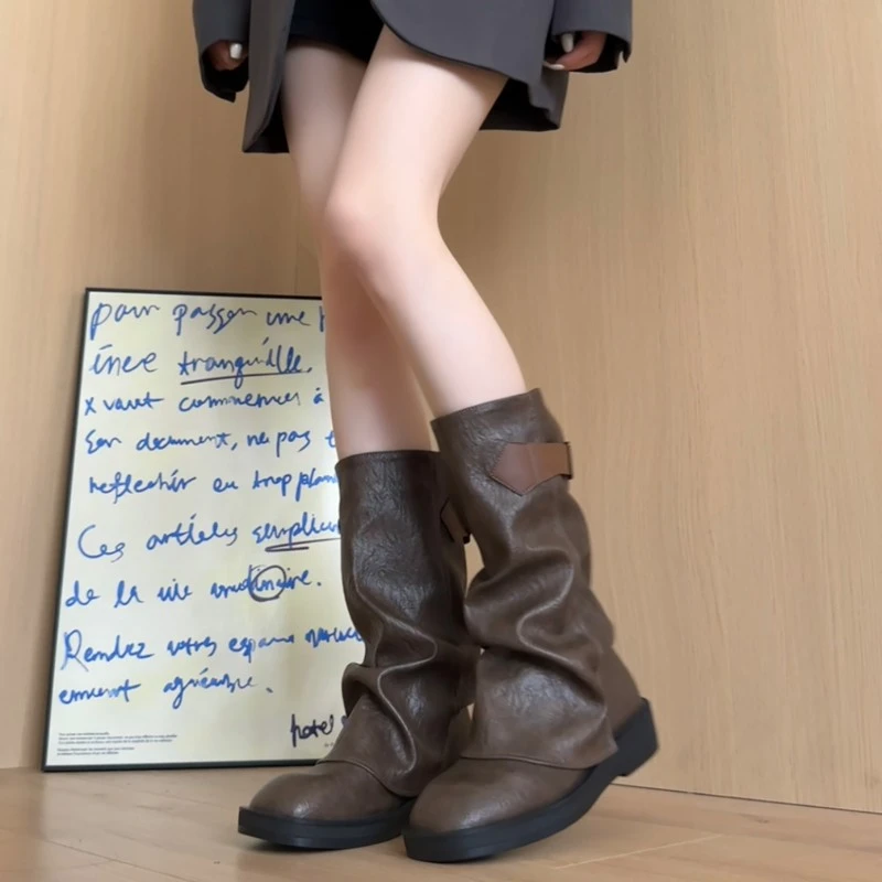 褶皱显瘦堆堆靴女复古风做旧厚底中筒西部靴美拉德套筒裤管靴女鞋