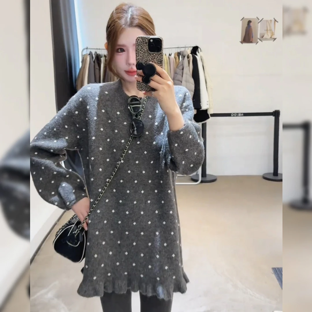 大码胖mm韩系慵懒风圆领波点毛衣女秋冬季宽松显瘦长袖针织衫上衣