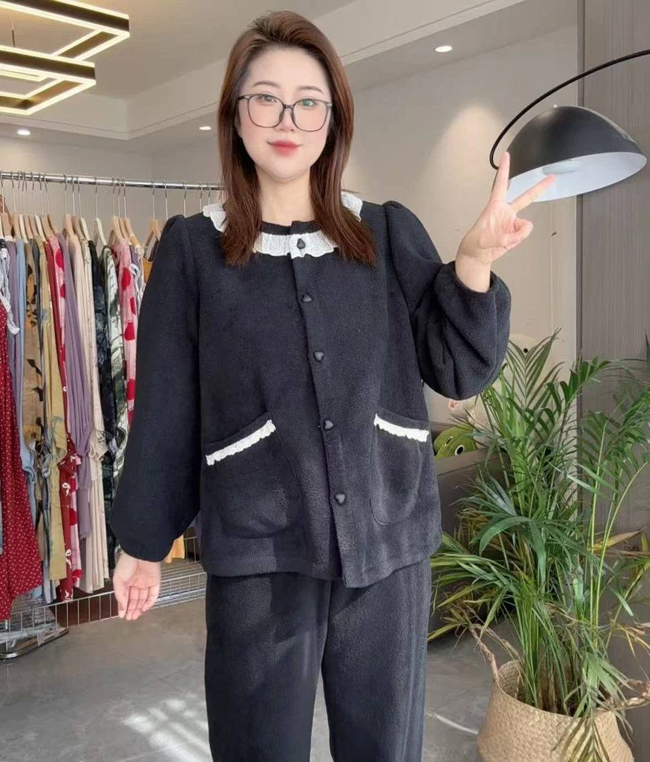 加绒加厚杨梅绒睡衣保暖长袖女款家居服套装休闲可外穿蕾丝洋气