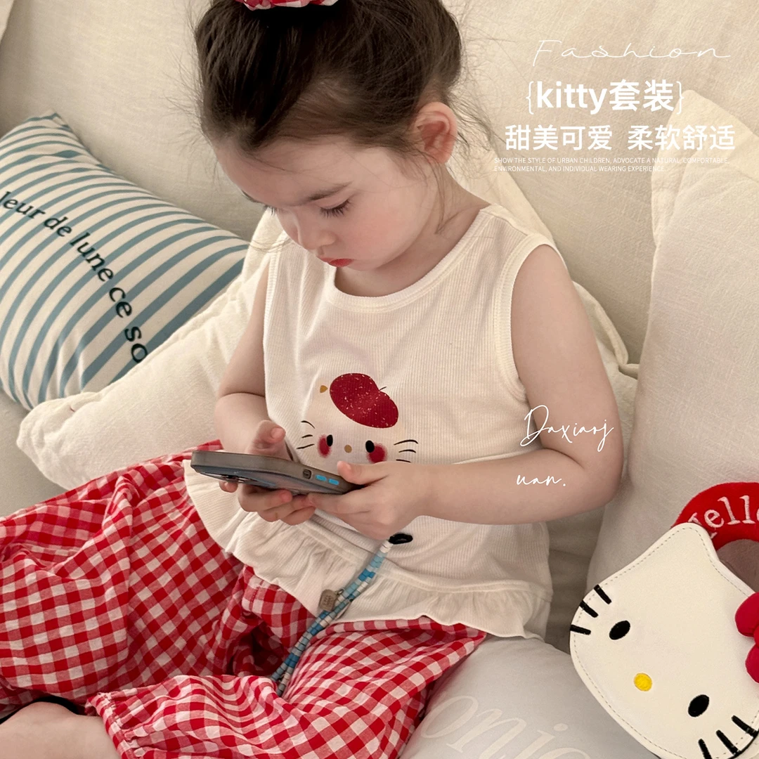 现【大小卷】夏季新品童装女宝无袖背心 + 红格灯笼裤两件套-83054