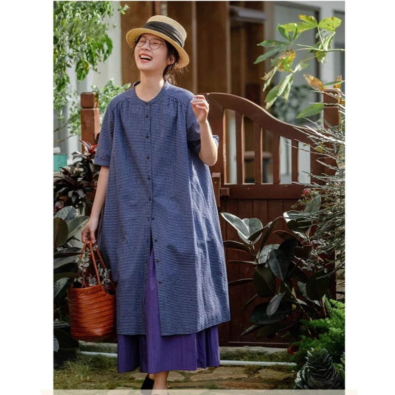 日系纯棉格子衬衫裙2025夏季新款休闲宽松短袖叠穿中长款连衣裙女